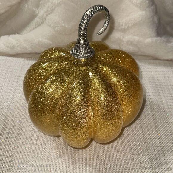 Light Up Shimmery Gold Silver Tone Lead Glass Pumpkin Decor - Picture 1 of 9